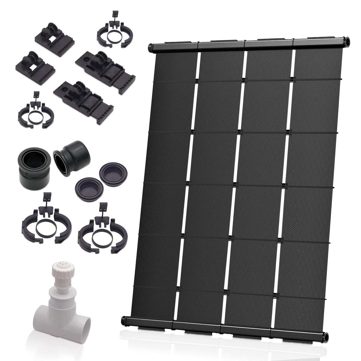 SwimJoy DIY solar pool heater kit: panels, clamps, row kit and vacuum relief valve