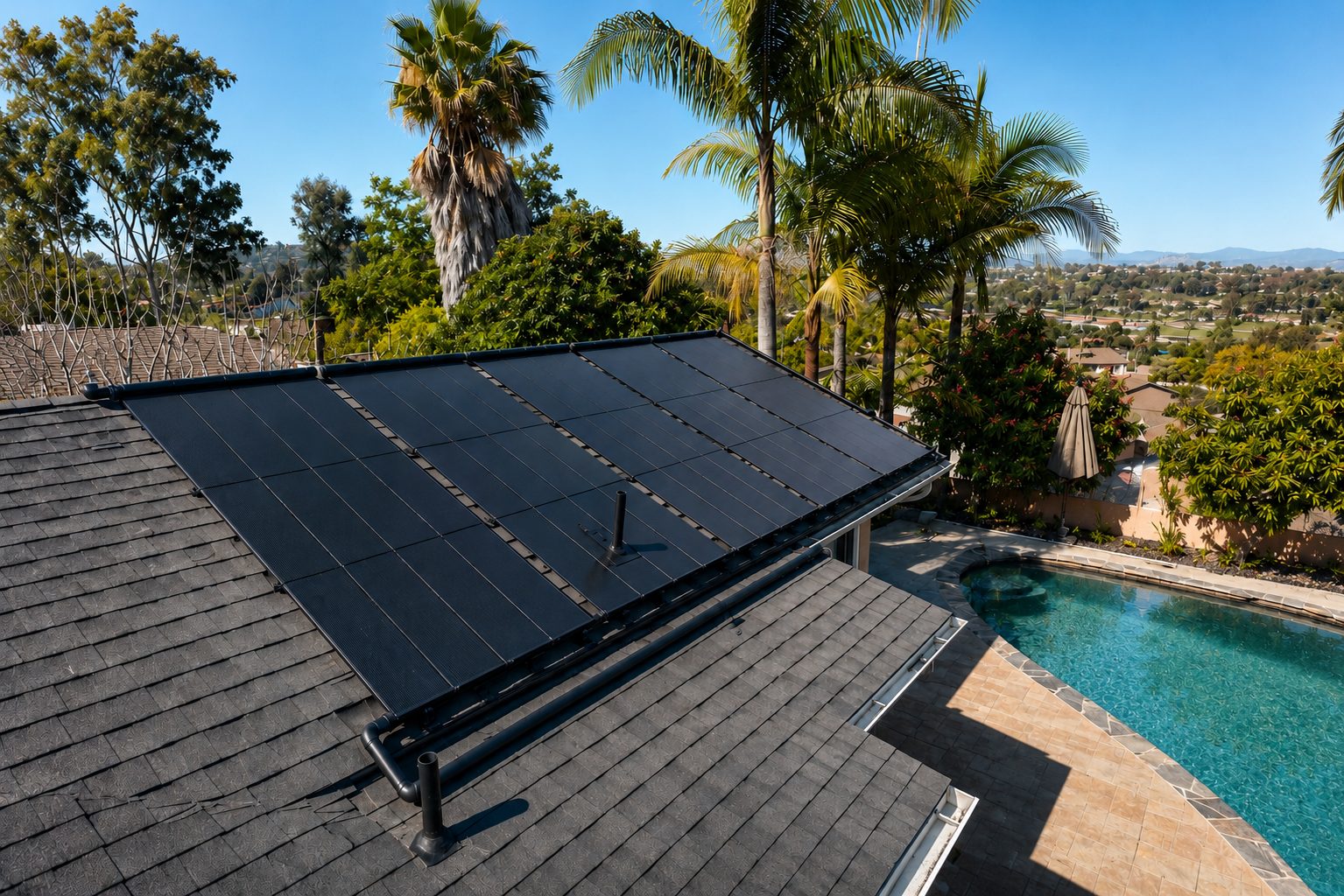 SwimJoy solar pool heating panels installed on a shingle roof above a backyard pool