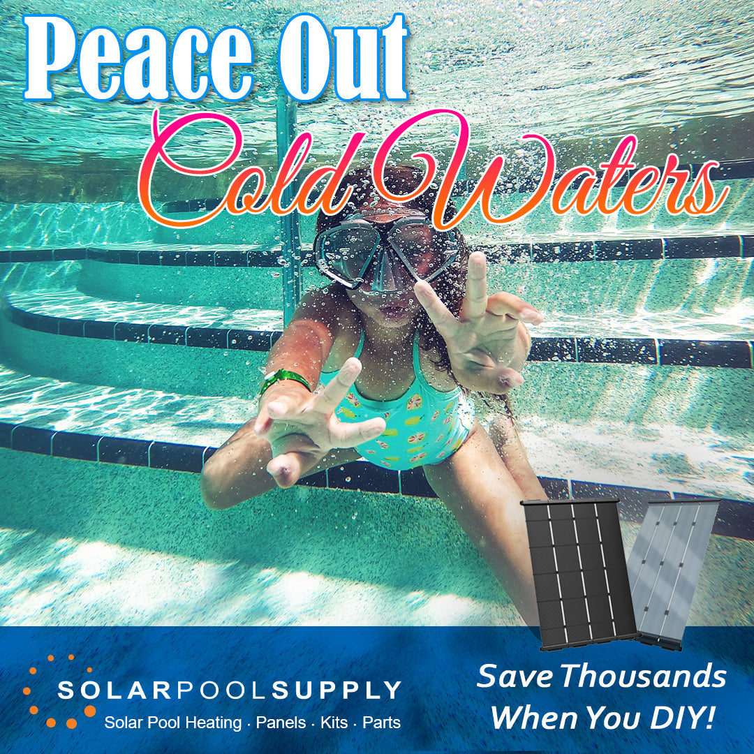 girl in pool wearing goggle doing peace sign. text: peace out cold waters - save thousands when you DIY!
