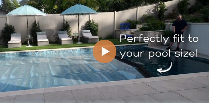 Solar Pool Supply leading-edge system extending a solar cover across a residential swimming pool 
