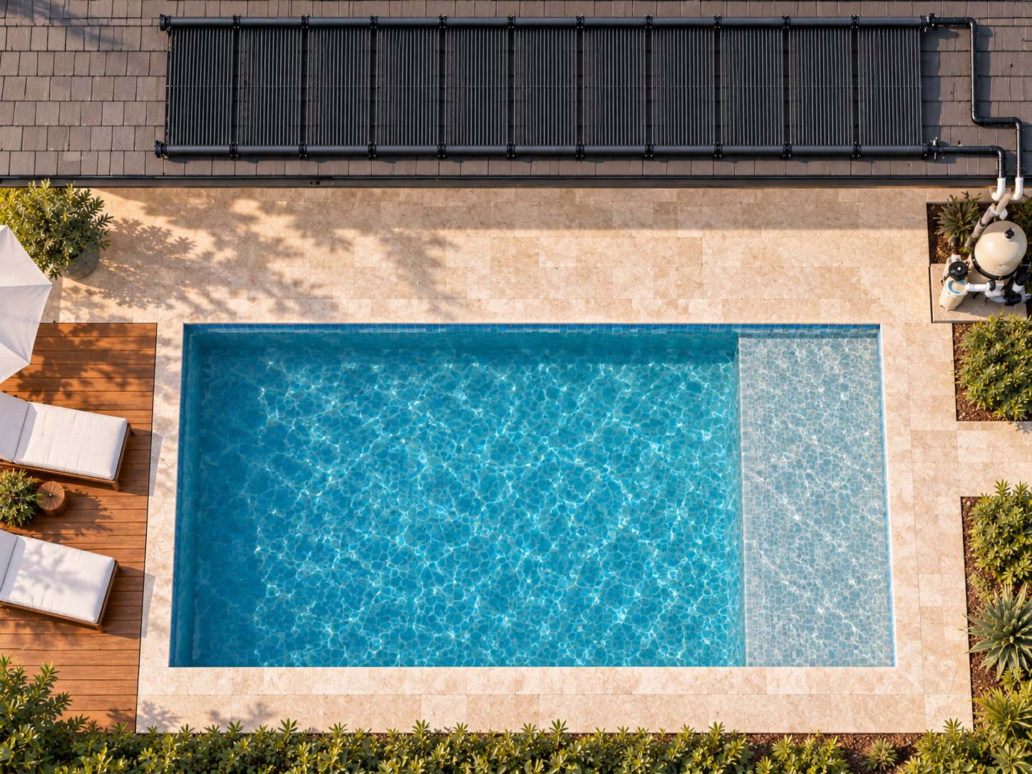 A pool seen from above, with solar panels on the roof beside it