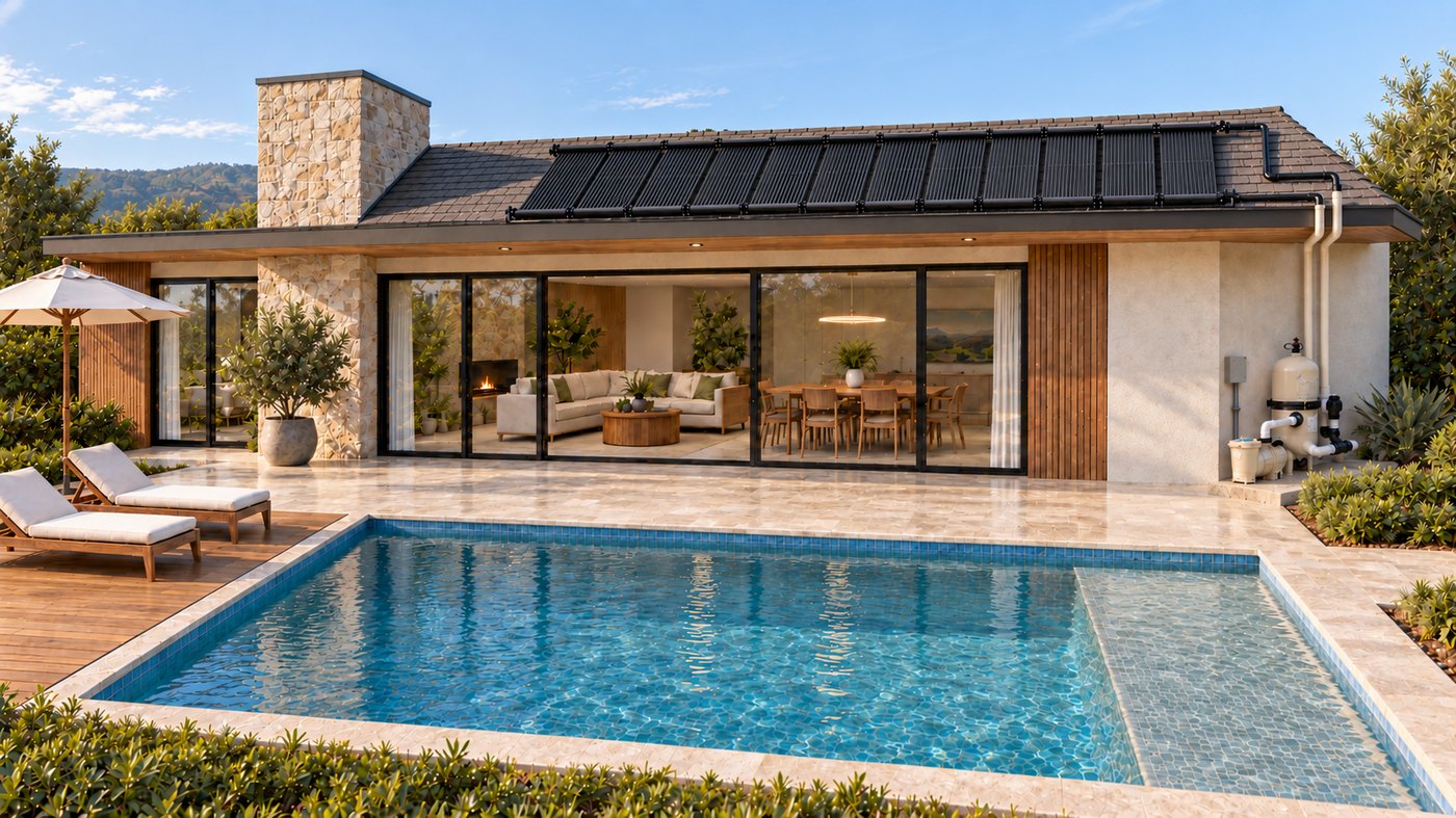 Water flow from the pool, through the pump and filter, up to the roof panels, and back