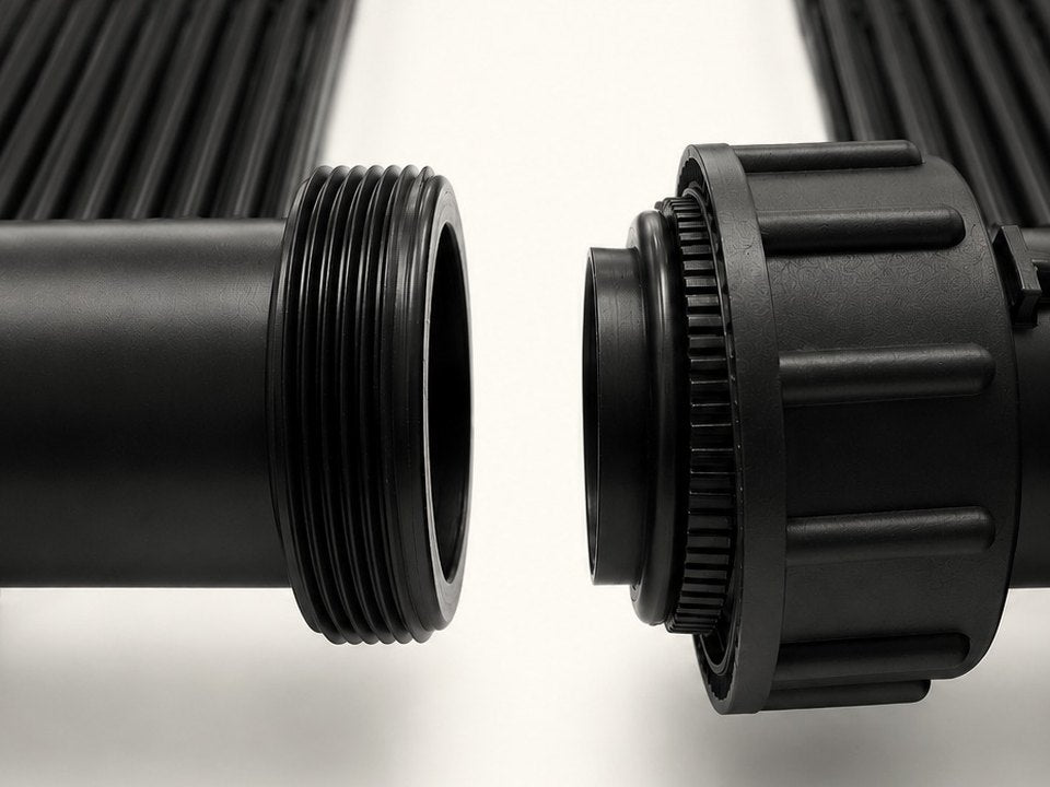 Two SunLink Pro panel headers joined by the union collar, twisted closed with no hose or clamp